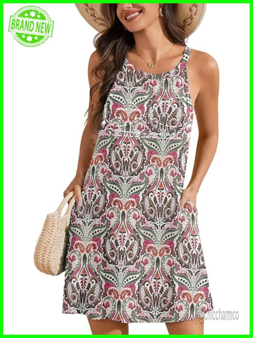 Summer Dress with Built in Bra Flowy A-Line Mini Halter Dress with Pockets